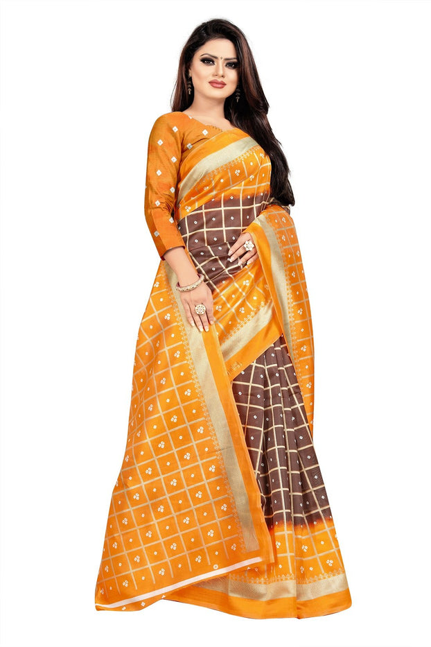 Designer Multi Digital Printed Golden Zari Sillk Designer Saree With Blouse