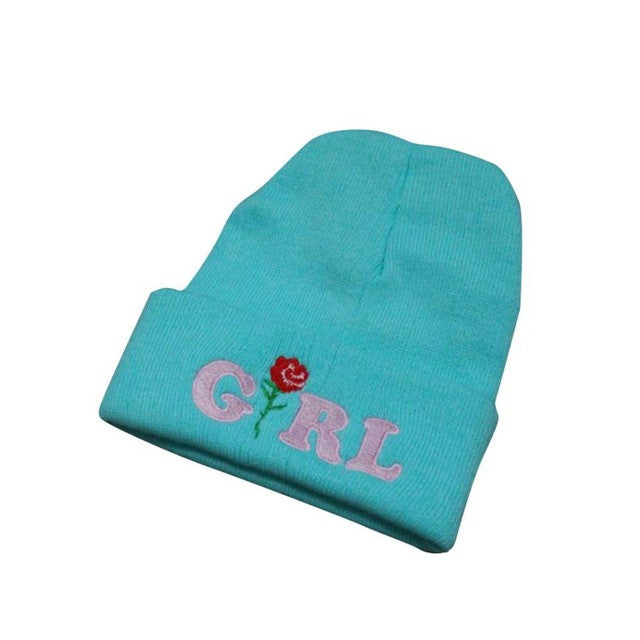 Women Beanie caps Girl Letters Printed Rose Embroidered Beanies Stocking Cap Hiking Cuffed Knit Adjustable Solid Hat