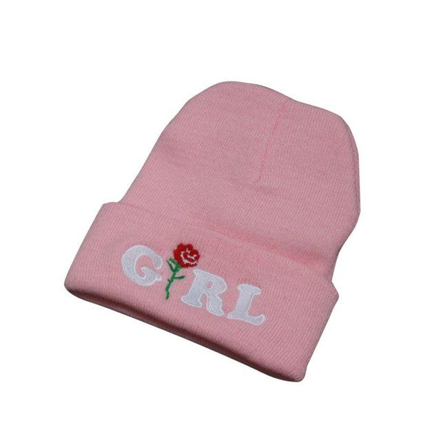 Women Beanie caps Girl Letters Printed Rose Embroidered Beanies Stocking Cap Hiking Cuffed Knit Adjustable Solid Hat