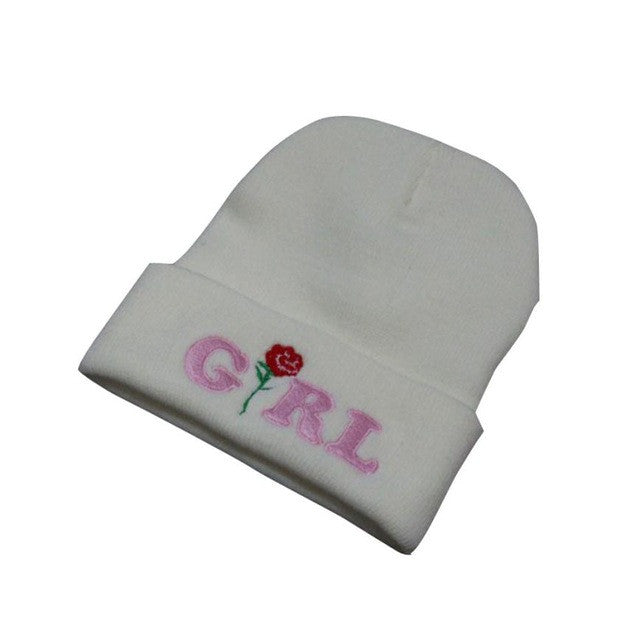 Women Beanie caps Girl Letters Printed Rose Embroidered Beanies Stocking Cap Hiking Cuffed Knit Adjustable Solid Hat